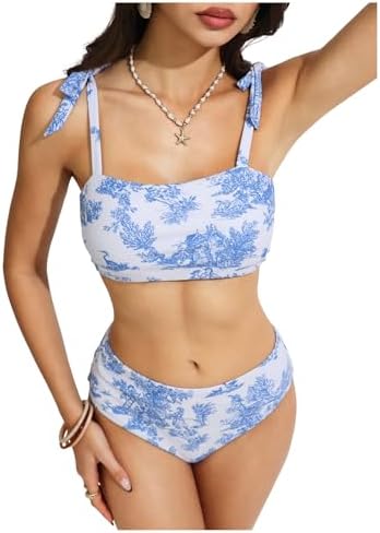 Tie Shoulder Bikini Swimsuit Floral High Waisted 2 Piece