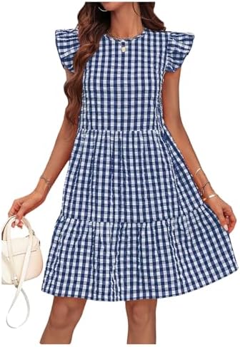 Tiered Ruffle Gingham Short Dress Cap Sleeve Vacation A