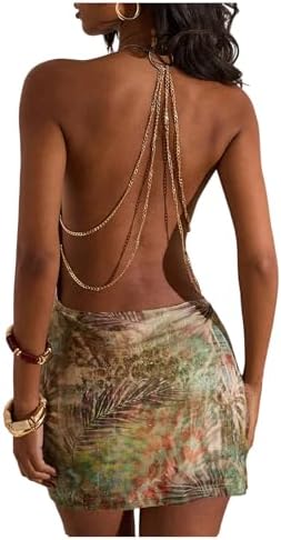 Tropical Cowl Neck Halter Mini Dress Chain Backless Date