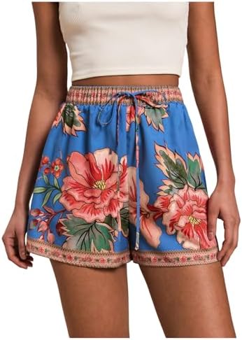 Tropical Drawstring Waist Summer Shorts Straight Leg Boho