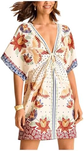 Tropical V Neck Mini Dress Tie Front Dolman Sleeve Beach