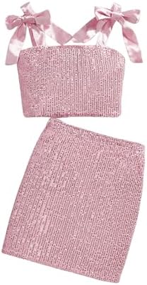 Two Piece Outfit Sequin Tie Shoulder Crop Cami Tops Party