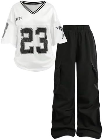 Two Piece Outfit Y2k Number V Neck Jersey Shirts with
