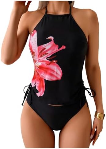 Two Piece Tankini Swimsuits Floral Halter Drawstring