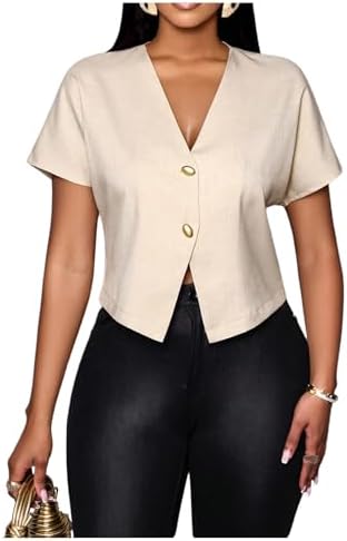 V Neck Button Asymmetrical Hem Blouse Short Sleeve