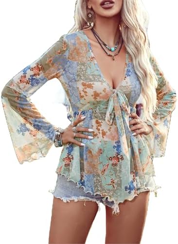 V Neck Floral Print Sheer Mesh Bell Sleeve Ruffle Peplum