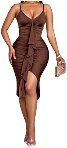 V Neck Midi Dress Spaghetti Strap Ruffle Trim Slit Hem