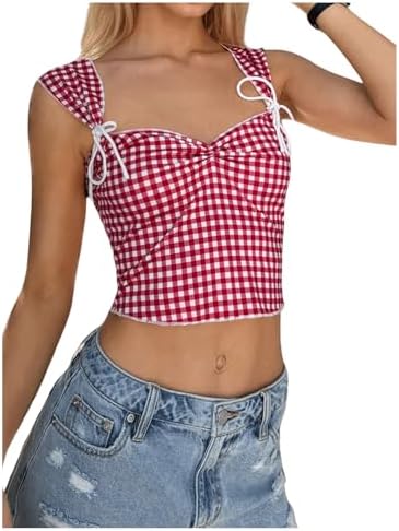 Vintage Plaid Crop Tank Top Ruched Bust Bowknot