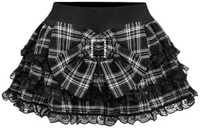 Y2K Bow Lace Plaid Skirt High Waisted A Line Layered