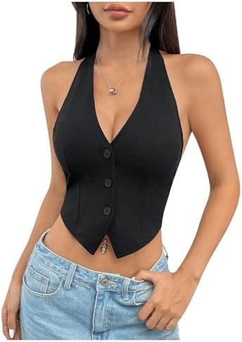 Y2k Button Down Halter Tops Tie Backless Club Night Out