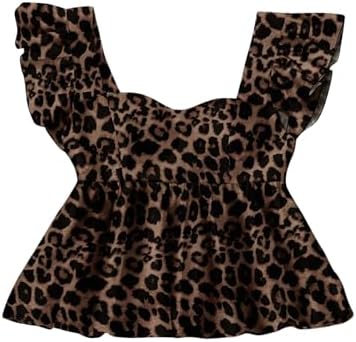 Y2k Cheetah Print Peplum Tops Ruffle Hem Cap Sleeve