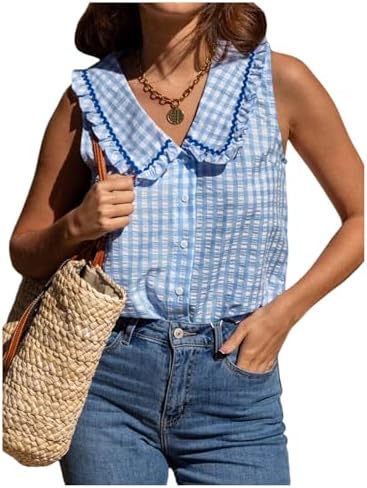 Y2k Cute Gingham Tank Top Sleeveless Button Down Vacation