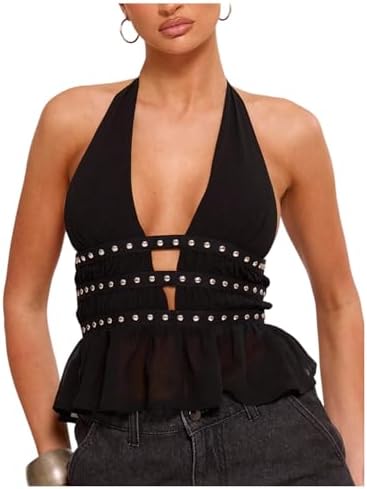 Y2k Deep V Neck Halter Top Cut Out Tie Backless Peplum