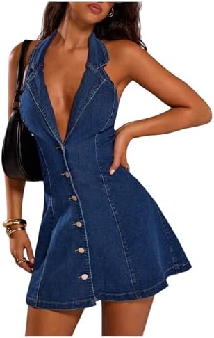 Y2k Denim Halter Mini Dress Sleeveless Deep V Neck Button