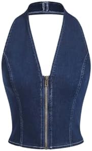 Y2k Denim Halter Tops Backless Sleeveless Zipper Club