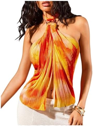 Y2k Floral Halter Tops Tie Backless Textured Beach