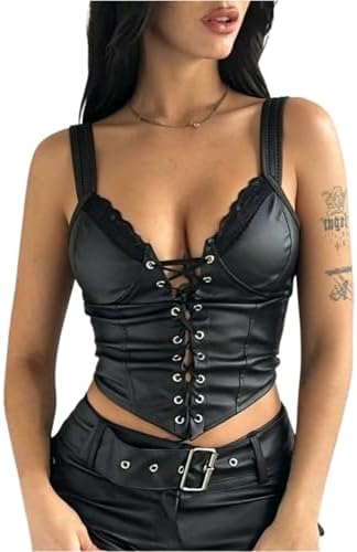 Y2K Gothic Lace Up Leather Cami Top Club Night Out Outfits
