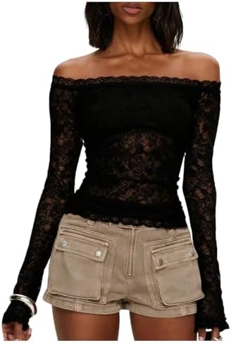 Y2k Lace Off The Shoulder Tops Sheer Mesh Long Sleeve