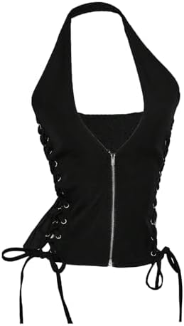 Y2k Lace Up Halter Top Zip Up Deep V Neck Sleeveless