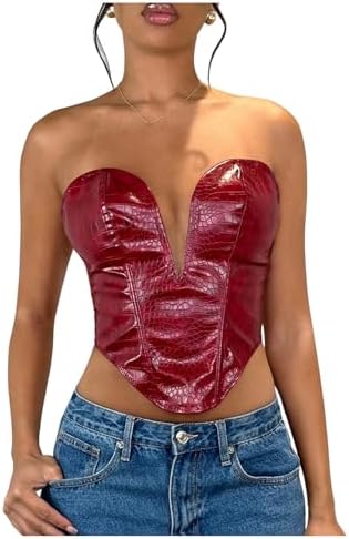 Y2k Lace Up Leather Tube Tops Asymmetrical Hem Rave