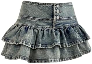 Y2k Layered Ruffle Jean Skirt Button Coquette Denim Mini