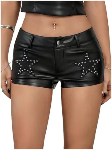 Y2k Micro Shorts PU Leather Star Rivet Low Waist Rave