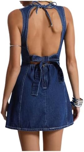 Y2k Mini Denim Dress Bow Tie Open Back Sleeveless Going