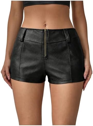 Y2k Mini Shorts Zip Up Low Waist PU Leather Hot Pants