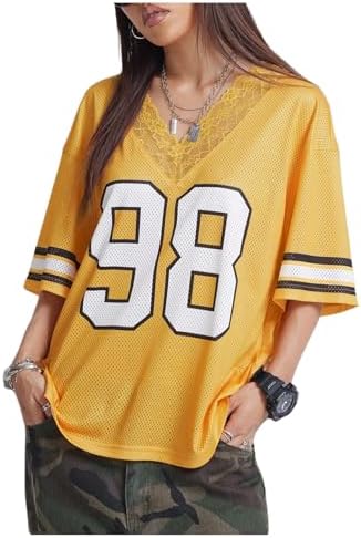 Y2k Number Jersey Shirt Lace Trim Half Sleeve Oversized T