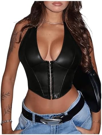 Y2K PU Leather Halter Neck Crop Tank Top