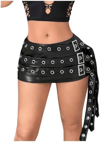 Y2k PU Leather Mini Skirt Low Rise Buckle Belt Night Club