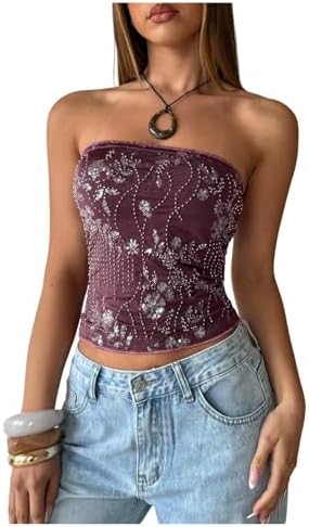 Y2K Sequin Strapless Tube Top Backless Crop Bandeau Tops