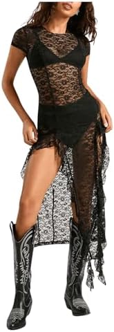 Y2k Sheer Lace Short Sleeve Slit Music Festival Long Dress