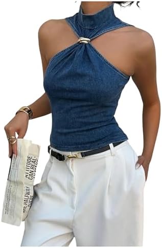 Y2k Twist Sleeveless Denim Tops Mock Neck Metal Going Out
